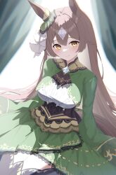 Rule 34 | 1girl, absurdres, anima miko, animal ears, ascot, black ascot, black thighhighs, blurry, blurry background, blush, braid, brown hair, closed mouth, commentary request, curtains, dress, ear ornament, french braid, frilled dress, frills, green dress, hair between eyes, highres, horse ears, horse girl, long hair, multicolored hair, satono diamond (chevalier bleu) (umamusume), sleeves past fingers, sleeves past wrists, smile, solo, streaked hair, thighhighs, umamusume, very long hair, very long sleeves, white hair, yellow eyes