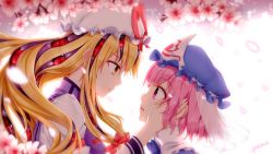 Rule 34 | 2girls, backlighting, blonde hair, blue bow, blue hat, blurry, blush, bow, bowtie, cherry blossoms, closed mouth, commentary request, depth of field, eye contact, eyeball, frilled shirt collar, frills, from side, gap (touhou), glowing, hair bow, hand in another&#039;s hair, hand on another&#039;s cheek, hand on another&#039;s face, hand up, hat, hat ribbon, highres, juliet sleeves, long hair, long sleeves, looking at another, low-tied long hair, mob cap, multiple girls, open mouth, petals, pink eyes, pink hair, profile, puffy sleeves, red bow, red eyes, red ribbon, ribbon, saigyouji yuyuko, see-through, short hair, sidelocks, signature, smile, staring, tabard, touhou, triangular headpiece, upper body, veil, white hat, wide sleeves, yakumo yukari, yellow eyes, yuriniel