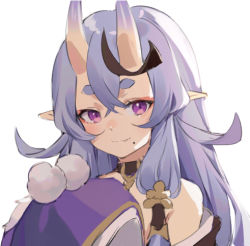 Rule 34 | 1girl, bare shoulders, douya (233), horns, japanese clothes, long hair, looking at viewer, lowres, mole, mole under mouth, nijisanji, pointy ears, purple eyes, purple hair, rindou mikoto, skin-covered horns, smile, solo, thick eyebrows, virtual youtuber