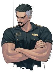 Rule 34 | 1boy, absurdres, aged down, alternate costume, bara, biceps, black hair, black shirt, brown eyes, clenched teeth, crossed arms, facial hair, highres, looking at viewer, male focus, monkey d. garp, multicolored hair, muscular, muscular male, name tag, one piece, parted lips, scar, scar on face, shirt, short hair, taut clothes, taut shirt, teeth, twitter username, two-tone hair, uniform, upper body, v-shaped eyebrows, vamos mk, veins, veiny arms, white background, white hair