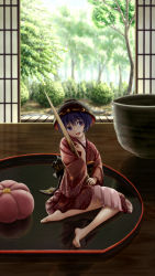 Rule 34 | 1girl, barefoot, bowl, cup, dress, feet, floral print, forest, hat, highres, japanese clothes, kimono, long sleeves, mini person, minigirl, nature, needle, obi, open clothes, open dress, open mouth, purple eyes, purple hair, sash, sitting, smile, solo, sukuna shinmyoumaru, table, teacup, torinari (dtvisu), touhou, wide sleeves