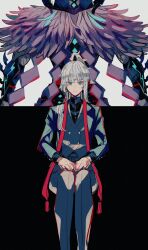 Rule 34 | 1girl, 1other, alternate costume, androgynous, back-to-back, closed mouth, commentary request, contemporary, expressionless, fate/samurai remnant, fate (series), formal, green eyes, grey hair, highres, invisible chair, long hair, long sleeves, looking at viewer, pants, ponytail, sitting, suit, u 5ham0, ushi gozen (fate), ushi gozen (fate/samurai remnant), ushi gozen (rider) (fate), yui shousetsu (fate)