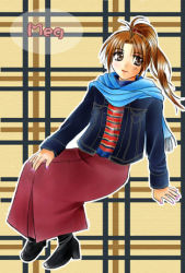 Rule 34 | 1girl, blue scarf, boots, brown eyes, brown hair, casual, character name, dress, gensou suikoden, gensou suikoden i, gensou suikoden ii, jacket, lowres, meg (suikoden), nino (nino imo), plaid, plaid background, scarf, solo, striped