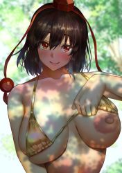 Rule 34 | 1girl, bikini, black hair, blurry, blurry background, blush, breasts, commentary request, dappled sunlight, day, exhibitionism, hat, inui (shirakawa777), large areolae, large breasts, medium hair, nipples, nude, outdoors, public indecency, red eyes, shameimaru aya, skindentation, smile, solo, sunlight, swimsuit, tokin hat, touhou, tree, upper body