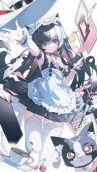 Rule 34 | 1girl, animal ears, armpits, black footwear, black hair, black ribbon, cat, cherry, choker, closed mouth, cup, dress, envelope, floating, food, frilled choker, frills, fruit, garter straps, hair between eyes, highres, holding, holding stylus, long hair, looking at viewer, maid, maid headdress, mary janes, neck ribbon, original, qtian, red eyes, ribbon, saucer, scissors, shoes, short dress, solo, strapless, strapless dress, stylus, thighhighs, white thighhighs