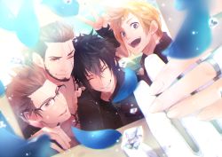 Rule 34 | 10s, 4boys, :d, black hair, blonde hair, brown hair, crystal, final fantasy, final fantasy xv, gladiolus amicitia, gloves, grin, holding hands, ignis scientia, jewelry, lunafreya nox fleuret, male focus, multiple boys, noctis lucis caelum, one eye closed, open mouth, parted lips, petals, photo (object), prompto argentum, ring, shiratama akari, smile, spoilers, v, wedding band, white gloves
