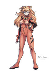 Rule 34 | 1girl, 2022, artist request, blue eyes, bodysuit, breasts, brown hair, dated, full body, hand on own hip, highres, interface headset, long hair, looking at viewer, medium breasts, neon genesis evangelion, plugsuit, red bodysuit, shiny clothes, signature, smile, solo, souryuu asuka langley, standing, very long hair, white background, wide hips