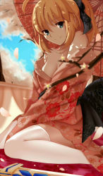 Rule 34 | 1girl, ahoge, alternate costume, artoria pendragon (all), artoria pendragon (fate), bare shoulders, blonde hair, cherry blossoms, collarbone, day, excalibur (fate/stay night), fate (series), floral print, green eyes, highres, japanese clothes, kimono, looking at viewer, obi, off shoulder, oil-paper umbrella, paperfinger, petals, ponytail, revision, saber (fate), sash, sky, smile, solo, sword, thighhighs, type-moon, umbrella, weapon, white thighhighs
