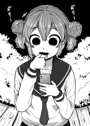 Rule 34 | 1girl, 4shi, biting, blood, blood on face, commentary request, dango-chan (4shi), double bun, fang, finger biting, greyscale, hair between eyes, hair bun, highres, holding, holding phone, hollow eyes, long sleeves, missing finger, monochrome, necktie, open mouth, original, phone, school uniform, serafuku, short hair, solo, translation request, upper body