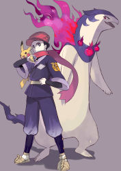 Rule 34 | 1boy, absurdres, black shirt, blush, bright pupils, brown footwear, closed mouth, commentary request, creatures (company), frown, game freak, gen 1 pokemon, grey background, grey eyes, grey jacket, grey pants, hat, highres, hiro (user negm3832), hisuian typhlosion, holding, holding poke ball, jacket, logo, male focus, nintendo, pants, pikachu, poke ball, pokemon, pokemon (creature), pokemon legends: arceus, red headwear, red scarf, rei (pokemon), scarf, shirt, shoes, standing, white pupils