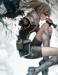 Rule 34 | 1girl, alastor (pixiv fantasia t), amputee, armor, armored boots, belt, bike shorts, bird, blonde hair, boots, crow, katana, original, pixiv fantasia, pixiv fantasia t, pouch, red eyes, scar, shirt, solo, sword, thigh pouch, twintails, weapon, zen33n