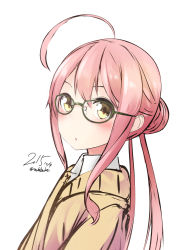 Rule 34 | 10s, 1girl, 2015, ahoge, artist name, bad id, bad pixiv id, blush, dated, double bun, from side, glasses, green-framed eyewear, huge ahoge, kantai collection, long hair, long sleeves, looking at viewer, looking to the side, makigumo (kancolle), nekobaka, pink hair, signature, simple background, sleeves past wrists, solo, twintails, twitter username, upper body, white background