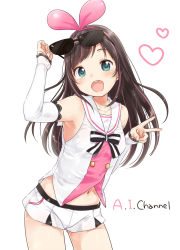 Rule 34 | 1girl, :d, arm up, arm warmers, blue eyes, bow, brown hair, contrapposto, copyright name, cowboy shot, eyewear on head, hair bow, hairband, hand up, heart, kizuna ai, kizuna ai inc., long hair, looking at viewer, multicolored hair, navel, open mouth, pink bow, pink hair, round teeth, short shorts, shorts, simple background, smile, solo, standing, streaked hair, sunglasses, swept bangs, tareme, teeth, thighs, v, virtual youtuber, white background, yukiu con