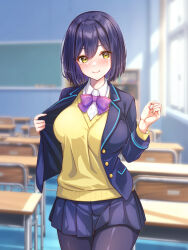 Rule 34 | 1girl, ameato, black thighhighs, blazer, blue hair, blue jacket, blue skirt, blue thighhighs, blurry, blurry background, blush, bow, bowtie, breasts, chair, chalkboard, classroom, closed mouth, collared shirt, cupboard, dark blue hair, depth of field, desk, dress shirt, hair between eyes, highres, indoors, jacket, large breasts, light blush, long sleeves, looking at viewer, mole, mole under eye, neck ribbon, nijisanji, open clothes, open jacket, pink ribbon, pleated skirt, purple bow, purple bowtie, ribbon, school chair, school desk, school uniform, shirt, shizuka rin, short hair, skirt, smile, solo, standing, sweater, thighhighs, virtual youtuber, white shirt, window, yellow eyes, yellow sweater
