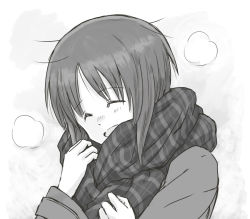 Rule 34 | 1girl, :d, ^ ^, closed eyes, closed eyes, girls und panzer, greyscale, monochrome, mutsu (layergreen), nishizumi miho, open mouth, plaid, plaid scarf, scarf, short hair, simple background, smile, solo, upper body