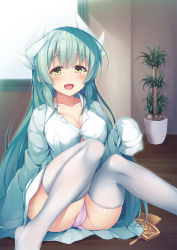 Rule 34 | 1girl, :d, aqua hair, blush, breasts, cleavage, collarbone, collared shirt, commentary request, dress shirt, fang, fate/grand order, fate (series), hair ornament, highres, horns, indoors, kiyohime (fate), knees up, long hair, long sleeves, looking at viewer, medium breasts, no pants, no shoes, on floor, open mouth, panties, partially unbuttoned, pink panties, plant, potted plant, shirt, sitting, sleeves past fingers, sleeves past wrists, smile, solo, thighhighs, underwear, unworn hair ornament, very long hair, white shirt, white thighhighs, window, wing collar, wooden floor, yellow eyes, yuki kawachi