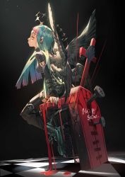 Rule 34 | 1girl, absurdres, angel wings, arm belt, black nails, blood, blue hair, blunt ends, boots, breasts, checkered floor, coffin, commentary, cross, ear piercing, feathered wings, gradient hair, halo, highres, long hair, long sleeves, medium breasts, multicolored hair, multiple wings, nail polish, original, piercing, pink hair, sitting, solo, soono (rlagpfl), thighhighs, wings, yellow eyes