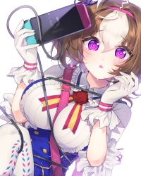 Rule 34 | 1girl, @ @, ahoge, between breasts, blush, breasts, brown hair, controller, game controller, gloves, headband, highres, horse girl, large breasts, looking at viewer, meisho doto (umamusume), purple eyes, simple background, tantan (xrvf2288), tears, triangle mouth, umamusume, white background, white legwear, wire