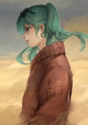 Rule 34 | 1girl, bad id, bad pixiv id, blue eyes, brown coat, closed mouth, coat, earrings, expressionless, eyewear on head, from side, green hair, hatsune miku, jewelry, long hair, long sleeves, looking away, sketch, solo, stella chen yui, suna no wakusei (vocaloid), sunglasses, twintails, upper body, vocaloid