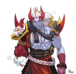 Rule 34 | 2boys, ?, aatrox, armor, bad id, bad twitter id, bandaged arm, bandages, bead bracelet, beads, belt, black gloves, blood moon aatrox, blue eyes, blue skin, bracelet, claws, colored skin, creature, crying, elbow gloves, gem, gloves, highres, holding, holding creature, horns, jewelry, league of legends, long hair, looking at another, lower teeth only, male focus, moo5525, multiple boys, muscular, parted lips, pauldrons, poro (league of legends), red eyes, red skin, rope, rope belt, shoulder armor, shoulder tattoo, signature, simple background, single pauldron, speech bubble, spiked pauldrons, spikes, tattoo, teeth, tongue, tongue out, varus, white background, white hair