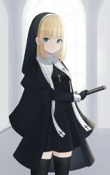 Rule 34 | 1girl, blonde hair, blue eyes, cross, cross necklace, dress, expressionless, gloves, habit, highres, holding, holding sword, holding weapon, iris37337, jewelry, katana, long hair, long sleeves, looking to the side, necklace, nun, original, pillar, reverse grip, sleeve cuffs, solo, sword, weapon