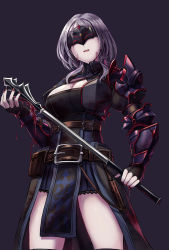 Rule 34 | 1girl, alter servant, armor, belt, black gloves, blood, blood on face, blood on hands, bloody weapon, breasts, chest guard, cleavage, dark persona, fate/stay night, fate (series), fingerless gloves, gloves, grey hair, highres, hololive, large breasts, looking at viewer, mace, mask, nail polish, ooike teru, open mouth, pale skin, pelvic curtain, pouch, purple background, red nails, shirogane noel, shirogane noel (1st costume), short hair, simple background, solo, virtual youtuber, weapon