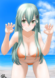 Rule 34 | 1girl, aqua eyes, aqua hair, artist name, beach, bikini, blue sky, breasts, claw pose, cleavage, cloud, commentary request, cowboy shot, curled fingers, day, grin, hair ornament, hairclip, highres, horizon, kantai collection, large breasts, leaning forward, long hair, ocean, orange bikini, outdoors, sky, smile, solo, suzuya (kancolle), swimsuit, t2r
