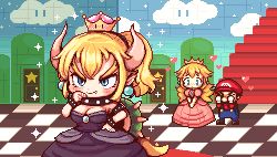 Rule 34 | 1boy, 2girls, animated, animated gif, armlet, black dress, blonde hair, bowsette, bracelet, breasts, choker, christy frisby, cleavage, crown, door, dress, facial hair, hat, heart, horns, jewelry, laughing, lowres, mario, mario (series), mini crown, multiple girls, mustache, new super mario bros. u deluxe, nintendo, ojou-sama pose, overalls, pink dress, pixel art, princess peach, spiked armlet, spiked bracelet, spiked choker, spiked tail, spikes, stairs, super crown, super mario 64, sweatdrop, tail
