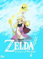 Rule 34 | 1girl, arm up, blonde hair, circlet, cloak, copyright name, highres, holding, holding staff, looking at viewer, mage staff, nintendo, open mouth, pointy ears, princess zelda, r3dfive, staff, teeth, the legend of zelda, the legend of zelda: echoes of wisdom, upper teeth only