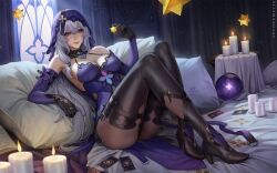 Rule 34 | 1girl, black gloves, black swan (honkai: star rail), boots, breasts, brown eyes, candle, card, closed mouth, crystal ball, dress, gloves, grey hair, high heels, holding, honkai: star rail, honkai (series), large breasts, lips, long hair, looking at object, pantyhose, pillow, purple dress, sciamano240, sitting, solo, star (symbol), tarot, tarot (card), thigh boots, thighs, veil, very long hair