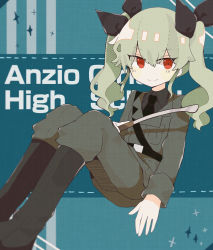 Rule 34 | 1girl, anchovy (girls und panzer), anzio military uniform, belt, boots, drill hair, girls und panzer, green hair, hair ribbon, highres, long hair, long sleeves, looking at viewer, necktie, omanjuengine, pants, pants tucked in, red eyes, ribbon, smile, solo, sparkle, twin drills, twintails