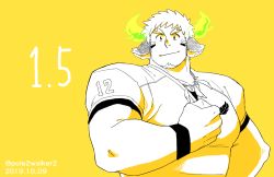 Rule 34 | 1boy, animal ears, bara, facial hair, fiery horns, forked eyebrows, glowing horns, horns, looking at viewer, male focus, muscular, partially colored, pole2walker2, simple background, smile, solo, sportswear, thick eyebrows, tokyo houkago summoners, upper body, wakan tanka