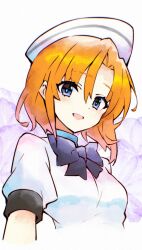 Rule 34 | 1girl, :d, beret, blue eyes, bow, bright pupils, commentary request, cropped torso, dress, eyes visible through hair, hair between eyes, hat, highres, higurashi no naku koro ni, light blush, looking at viewer, open mouth, orange hair, puffy short sleeves, puffy sleeves, purple bow, ryuuguu rena, short hair, short sleeves, simple background, smile, solo, suzuragi karin, tsurime, upper body, white background, white dress, white hat