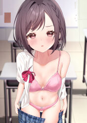 1girl blurry blurry_background blush bow bow_bra bow_panties bra braid breasts brown_eyes brown_hair charl2837 classroom cleavage clothes_pull collarbone desk diagonal-striped_ribbon hair_ornament highres looking_at_viewer medium_breasts navel neck_ribbon open_clothes open_mouth open_shirt open_skirt panties pink_bra pink_panties plaid_clothes plaid_skirt project_sekai ribbon shinonome_ena shirt single_bare_shoulder single_off_shoulder skirt skirt_pull solo standing stomach swept_bangs underwear undressing white_shirt