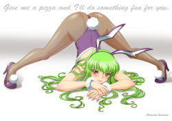 Rule 34 | 1girl, animal ears, ass, bent over, blush, c.c., code geass, commentary request, english text, fake animal ears, fishnets, green hair, hairband, high heels, highres, jack-o&#039; challenge, kaname aomame, leotard, long hair, looking at viewer, pantyhose, playboy bunny, pom pom (clothes), rabbit ears, rabbit tail, solo, standing, tail, top-down bottom-up, wrist cuffs, yellow eyes