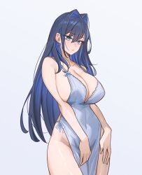 Rule 34 | 1girl, backless dress, backless outfit, bare shoulders, blue eyes, blue hair, blush, breasts, cleavage, covered navel, dress, groin, hair intakes, highres, hololive, hololive english, huge breasts, long hair, looking at viewer, nokaa aru, ouro kronii, pelvic curtain, revealing clothes, ribbon earrings, sideboob, solo, spaghetti strap, white background, white dress