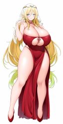 Rule 34 | 1girl, absurdres, blonde hair, breasts, cleavage, clothing cutout, dress, full body, g-string, gem, green eyes, highres, huge breasts, long hair, original, pelvic curtain, pointy ears, red dress, red footwear, simple background, solo, suruga (xsurugax), thong, underboob cutout, veil, very long hair, white background