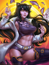 Rule 34 | 1girl, animal ears, aroma sensei, belt, belt boots, black hair, blake belladonna, boots, breasts, cat ears, fish, high heel boots, high heels, highres, jacket, large breasts, lips, long hair, looking up, micro shorts, midriff, navel, open clothes, open jacket, parted lips, patreon username, rwby, short shorts, shorts, signature, solo, thigh boots, thighhighs, thighs, watermark, web address
