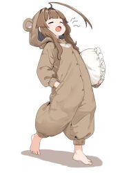 Rule 34 | 1girl, ahoge, alternate costume, animal costume, animal hood, barefoot, blush, brown hair, closed eyes, fang, full body, hand in pocket, holding, holding pillow, hood, hood up, huge ahoge, kantai collection, kuma (kancolle), long hair, long sleeves, nassukun, open mouth, pajamas, pillow, simple background, solo, standing, white background, yawning