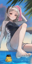Rule 34 | 1girl, anchor symbol, arknights, arm up, beruko14, breasts, foot out of frame, foot up, grey hair, grey shorts, hair intakes, head wings, highres, holding, holding towel, irene (arknights), light blush, long hair, long sleeves, medium breasts, open mouth, pink eyes, pool, rubber duck, scar, scar across eye, shorts, sitting, soles, solo, toenails, toes, towel, water, wet, wings