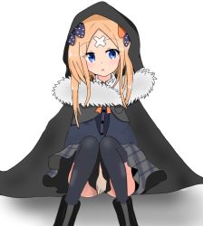 Rule 34 | 1girl, :o, abigail williams (fate), atsumisu, bad id, bad pixiv id, between legs, black bow, black cape, black footwear, black skirt, black thighhighs, blonde hair, blue eyes, blush, boots, bow, cape, commentary request, crossed bandaids, dress shirt, fate/grand order, fate (series), fur collar, grey skirt, hair bow, hand between legs, highres, hood, hood up, hooded cape, long hair, looking at viewer, orange bow, parted bangs, parted lips, plaid, plaid skirt, polka dot, polka dot bow, shirt, sitting, skirt, solo, thighhighs, unmoving pattern, white background