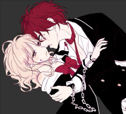Rule 34 | 10s, 1boy, 1girl, blonde hair, blood, blush, bow, bowtie, chain, collarbone, cuffs, diabolik lovers, dutch angle, eye contact, fangs, flat color, grey background, half-closed eyes, handcuffs, hetero, imminent kiss, jacket, kiri (qoo), komori yui, looking at another, loose clothes, necktie, open mouth, petite, pink eyes, profile, red hair, rejet, sakamaki ayato, school uniform, simple background, skirt, unbuttoned, uniform, vampire