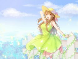 Rule 34 | 10s, 1girl, :d, arm up, bare shoulders, blue sky, breasts, brown eyes, brown hair, bush, cloud, day, dress, fence, flower, green dress, hat, hat flower, holding, holding clothes, holding hat, jumping, large breasts, long hair, love live!, love live! school idol festival, love live! school idol project, minami kotori, open mouth, petals, plant, reking, sandals, scrunchie, sky, smile, solo, straw hat, sundress, vines, wrist scrunchie