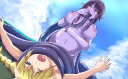 Rule 34 | 1boy, 1girl, belly, black sclera, blonde hair, blue eyes, blush, breasts, coiled, colored sclera, colored skin, day, green eyes, lamia, large breasts, long tongue, monster girl, munio, navel, nipples, one eye closed, open mouth, original, outdoors, pointy ears, pregnant, purple hair, purple skin, restrained, tongue