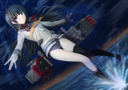 Rule 34 | 10s, 1girl, bad id, bad nicoseiga id, black hair, black thighhighs, commentary request, dutch angle, gloves, hair ribbon, isokaze (kancolle), kantai collection, konpotsu, long hair, long sleeves, neckerchief, night, night sky, no pants, outstretched arms, red eyes, ribbon, rigging, sailor collar, school swimsuit, school uniform, serafuku, single thighhigh, sky, solo, standing, standing on liquid, star (sky), starry sky, swimsuit, swimsuit under clothes, thigh gap, thighhighs, tress ribbon, yellow neckerchief