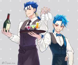 Rule 34 | 2boys, alcohol, black necktie, blue bow, blue bowtie, blue hair, bottle, bow, bowtie, child, collared shirt, cu chulainn (fate), cup, drinking glass, earrings, fate/grand order, fate (series), hand on own hip, highres, holding, holding tray, jewelry, long hair, looking at viewer, male focus, multiple boys, necktie, one eye closed, ozumi 426, ponytail, red eyes, setanta (fate), shirt, signature, simple background, smile, tray, upper body, waistcoat, waitress, white background, white shirt, wine, wine bottle