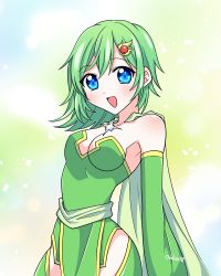 Rule 34 | 1girl, aged up, blue eyes, breasts, cape, detached sleeves, final fantasy, final fantasy iv, green hair, hair ornament, jewelry, long hair, looking at viewer, medium breasts, open mouth, ouba reiya, rydia (ff4), smile, solo, thighhighs