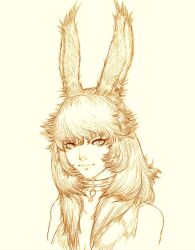 Rule 34 | 1girl, absurdres, animal ears, closed mouth, earrings, final fantasy, final fantasy xiv, highres, jewelry, large ears, long hair, looking at viewer, messy hair, monochrome, original, pendant, portrait, rabbit ears, simple background, smile, solo, viera, warrior of light (ff14), yellow background, yellow theme, yuzero