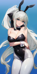 Rule 34 | 1girl, absurdres, animal ears, bare shoulders, black bow, black leotard, blue background, blue eyes, bow, braid, breasts, cleavage, closed mouth, covered navel, detached collar, fake animal ears, fate/grand order, fate (series), french braid, gradient background, grey hair, hair bow, highleg, highleg leotard, highres, kiya hajime, large breasts, leotard, long hair, looking at viewer, morgan le fay (fate), pantyhose, playboy bunny, ponytail, rabbit ears, sidelocks, smile, solo, thighs, very long hair, white pantyhose, wrist cuffs