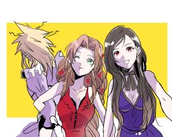 Rule 34 | 1boy, 2girls, aerith gainsborough, aerith gainsborough (red dress), bare arms, bare shoulders, black hair, blonde hair, blue dress, border, breasts, brown hair, choker, cleavage, closed mouth, cloud strife, crossdressing, dangle earrings, dress, earrings, facing away, final fantasy, final fantasy vii, final fantasy vii remake, flamenco dress, flower, frilled dress, frills, green eyes, hair flower, hair ornament, highres, jewelry, large breasts, locked arms, long hair, medium breasts, messy hair, motsutei, multiple girls, official alternate costume, one eye closed, open mouth, parted bangs, ponytail, purple dress, red dress, red eyes, ribbon choker, ringlets, sidelocks, sleeveless, sleeveless dress, smile, spiked hair, strapless, strapless dress, swept bangs, tifa lockhart, tifa lockhart (refined dress), upper body, wall market, white border, yellow background